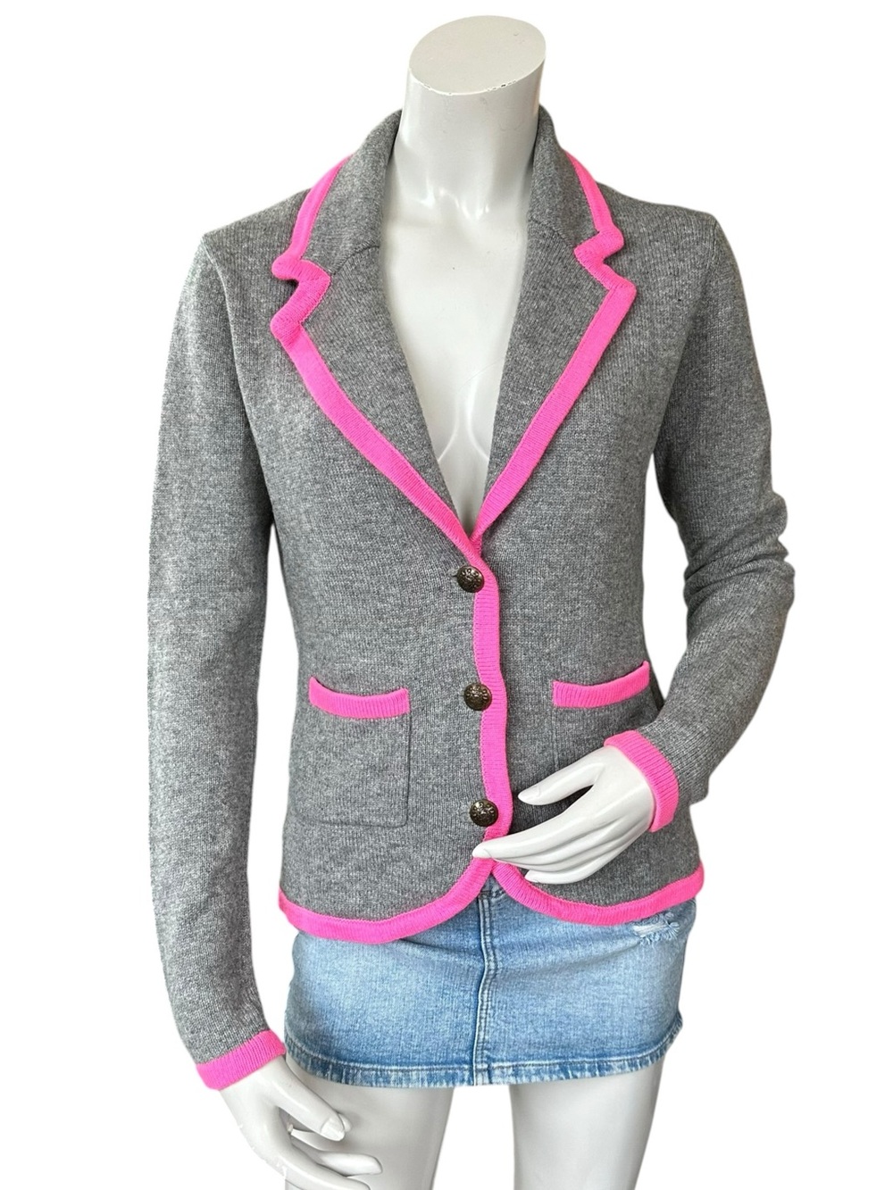 Autumn Cashmere Grey & Pink Trim 100% Cashmere Blazer Size Medium
